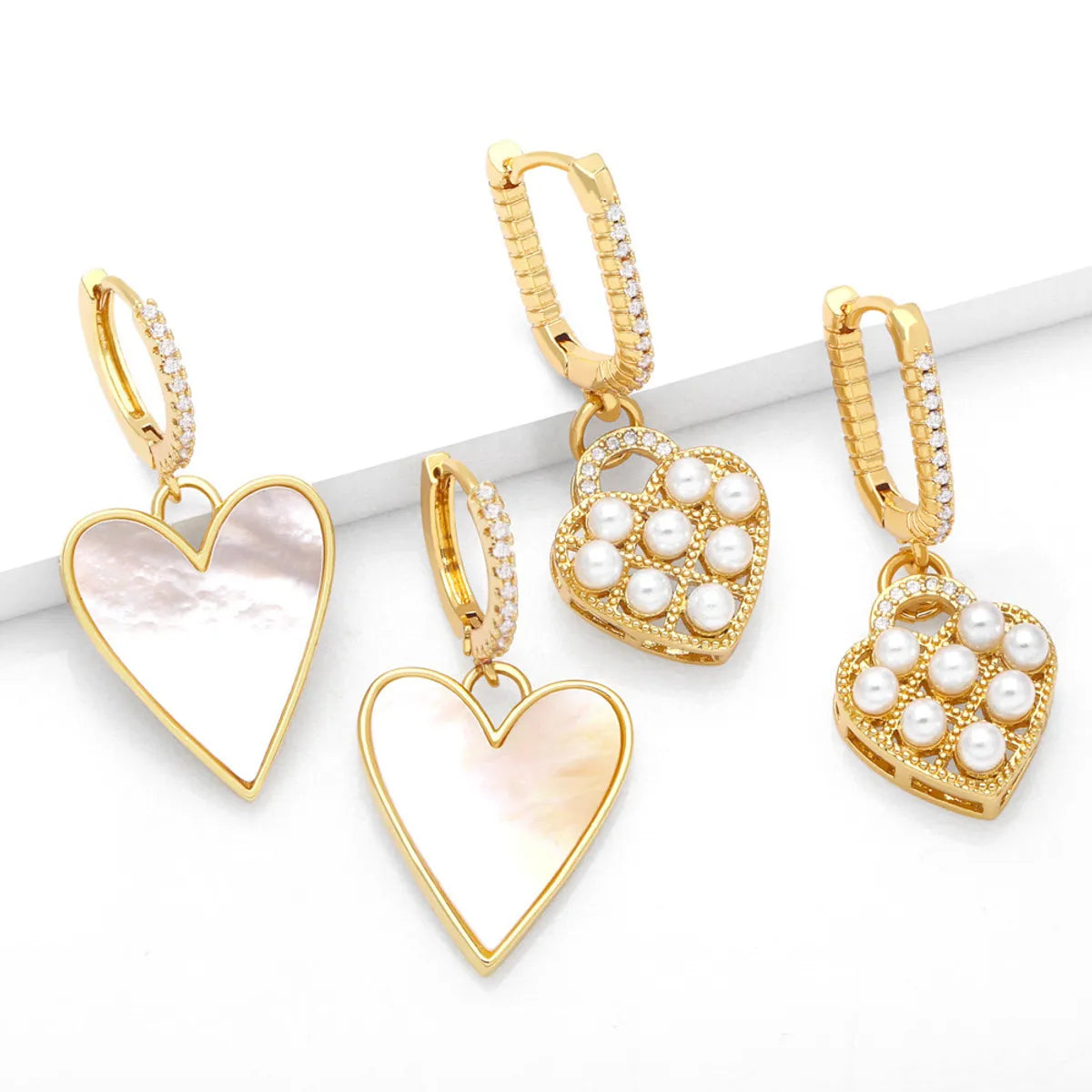 Fashion Heart Pendant Copper 18k Gold-plated Inlaid Zircon Pearl Earrings