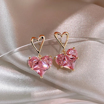 Fashion Heart Shape Alloy Inlay Glass Stone Drop Earrings