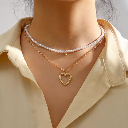 Fashion Heart Shape Alloy Plating Artificial Pearls Layered Necklaces