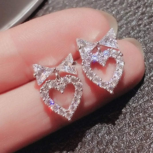 Fashion Heart Shape Bow Knot Copper Hollow Out Inlay Zircon Ear Studs 1 Pair