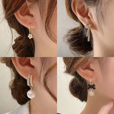 1 Pair Fashion Heart Shape Bow Knot Inlay Copper Artificial Pearls Zircon Earrings