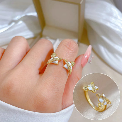 Fashion Heart Shape Brass Enamel Zircon Open Ring