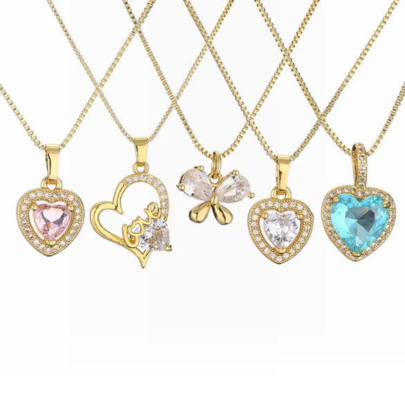 Fashion Heart Shape Butterfly Copper Enamel Plating Inlay Zircon Pendant Necklace 1 Piece