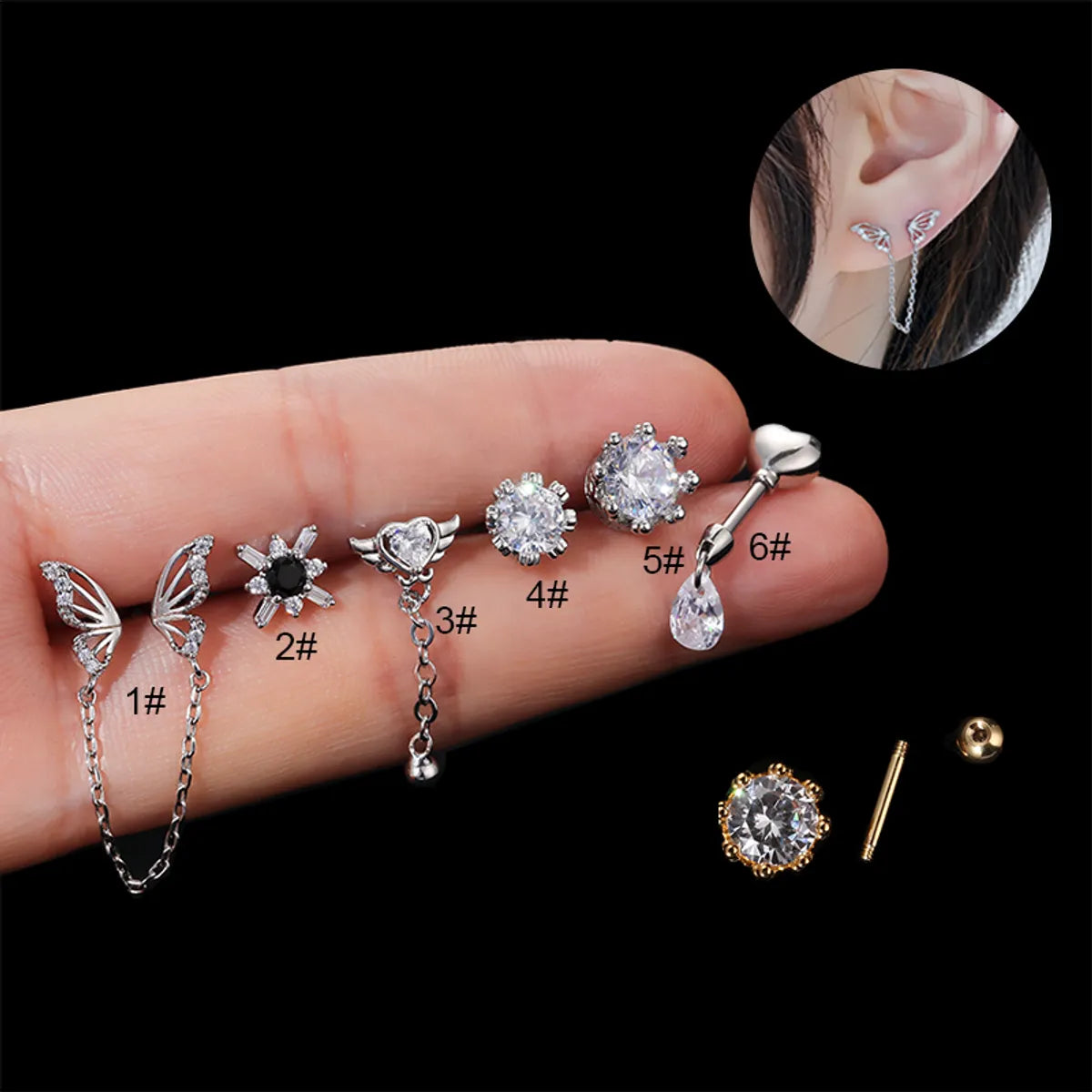 Fashion Heart Shape Butterfly Stainless Steel Ear Studs Inlay Zircon Stainless Steel Earrings 1 Piece