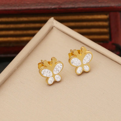 Fashion Heart Shape Butterfly Stainless Steel Plating Rhinestones Earrings 1 Pair