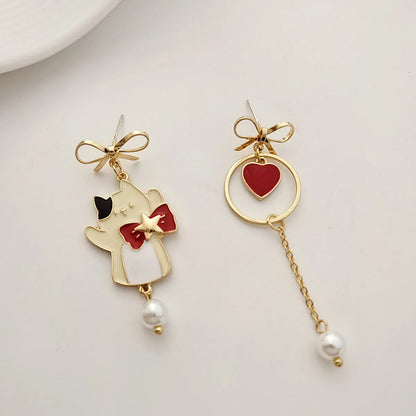 Fashion Heart Shape Cat Bow Knot Alloy Plating Artificial Pearls Women'S Drop Earrings 1 Pair