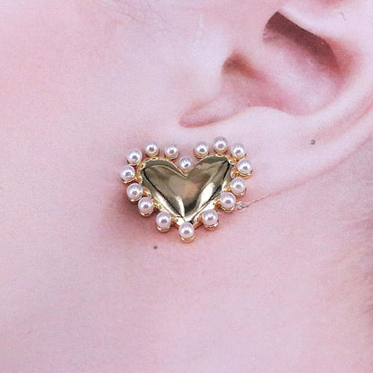 Fashion Heart Shape Copper Gold Plated Inlay Pearl Ear Studs 1 Pair