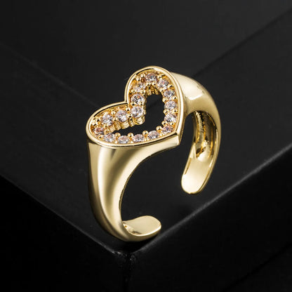 Fashion Heart Shape Copper Gold Plated Zircon Open Ring 1 Piece