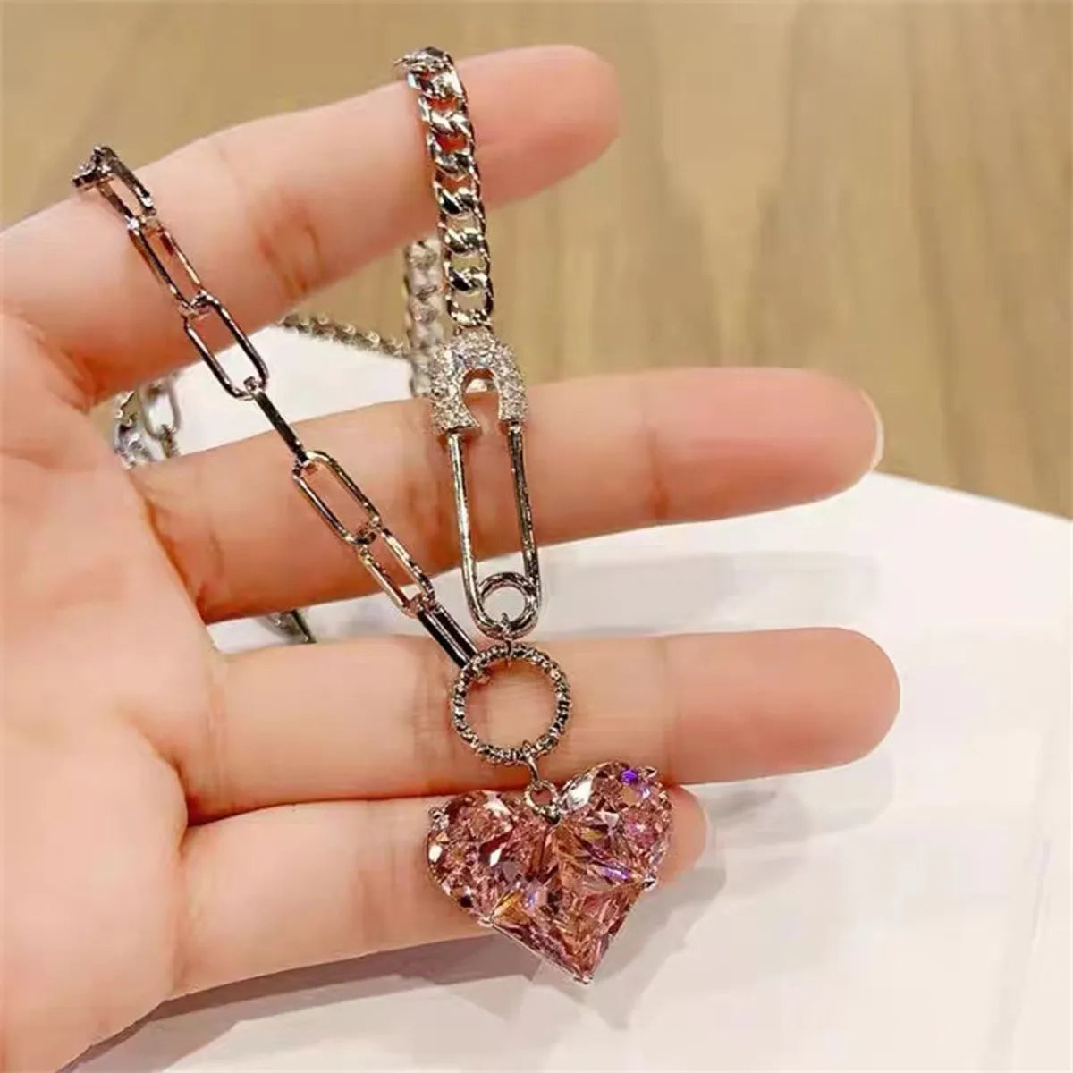 Fashion Heart Shape Copper Plating Inlay Artificial Gemstones Pendant Necklace 1 Piece