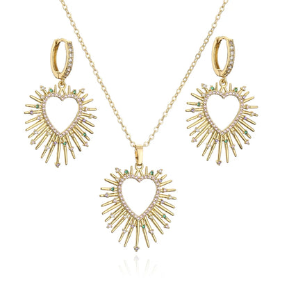 Fashion Heart Shape Copper Plating Inlay Zircon Earrings Necklace