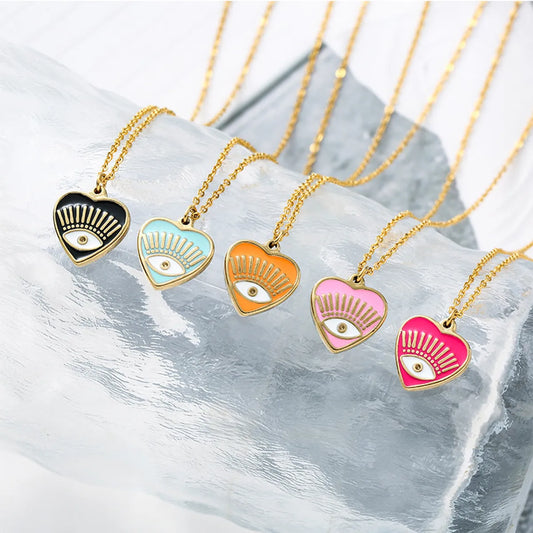 Fashion Heart Shape Eye Stainless Steel Titanium Steel Enamel Plating Pendant Necklace 1 Piece