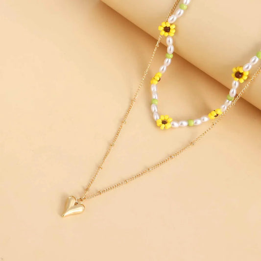 Fashion Heart Shape Flower Alloy Beaded Plating Layered Necklaces