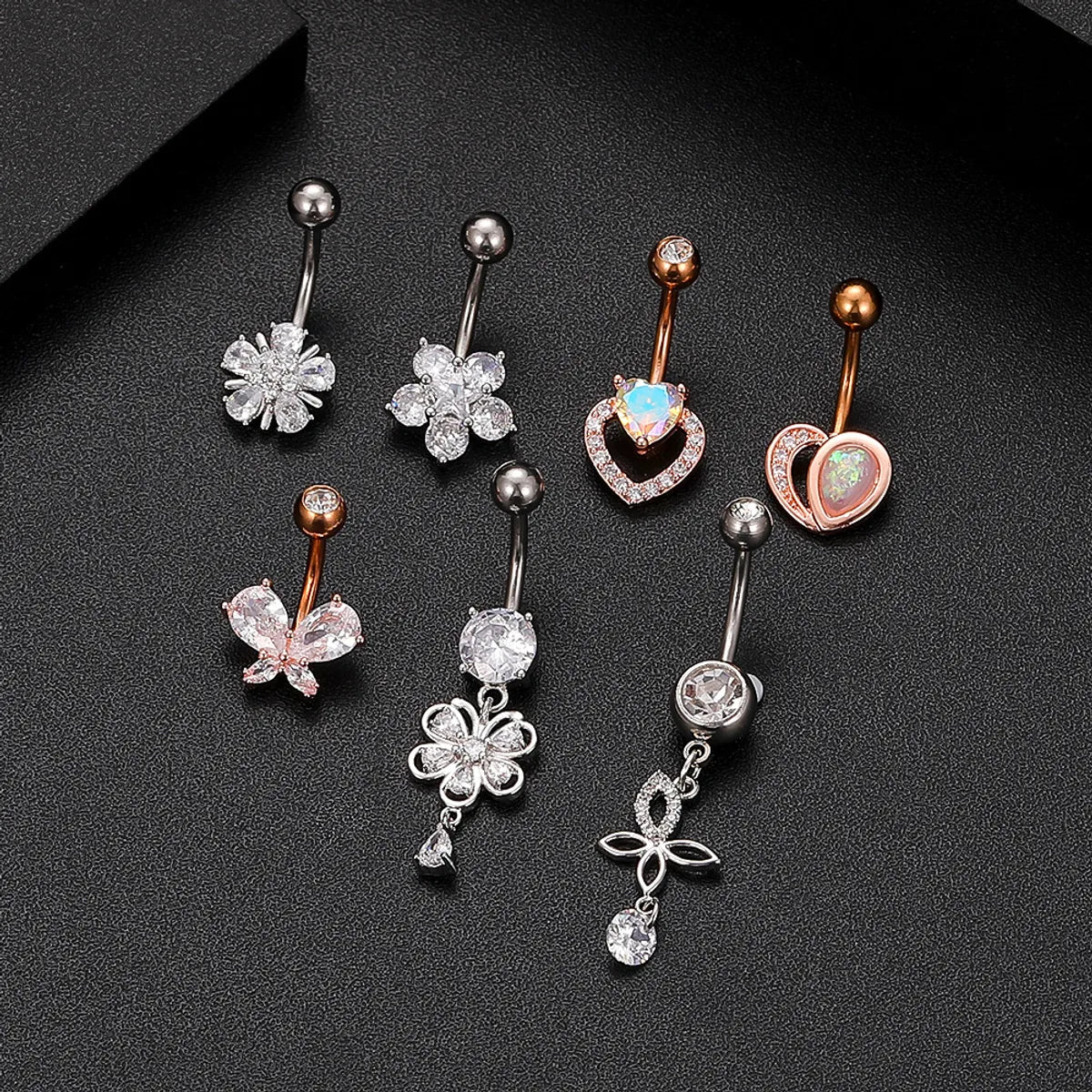 Fashion Heart Shape Flower Butterfly Stainless Steel Plating Inlay Zircon Belly Ring 1 Piece