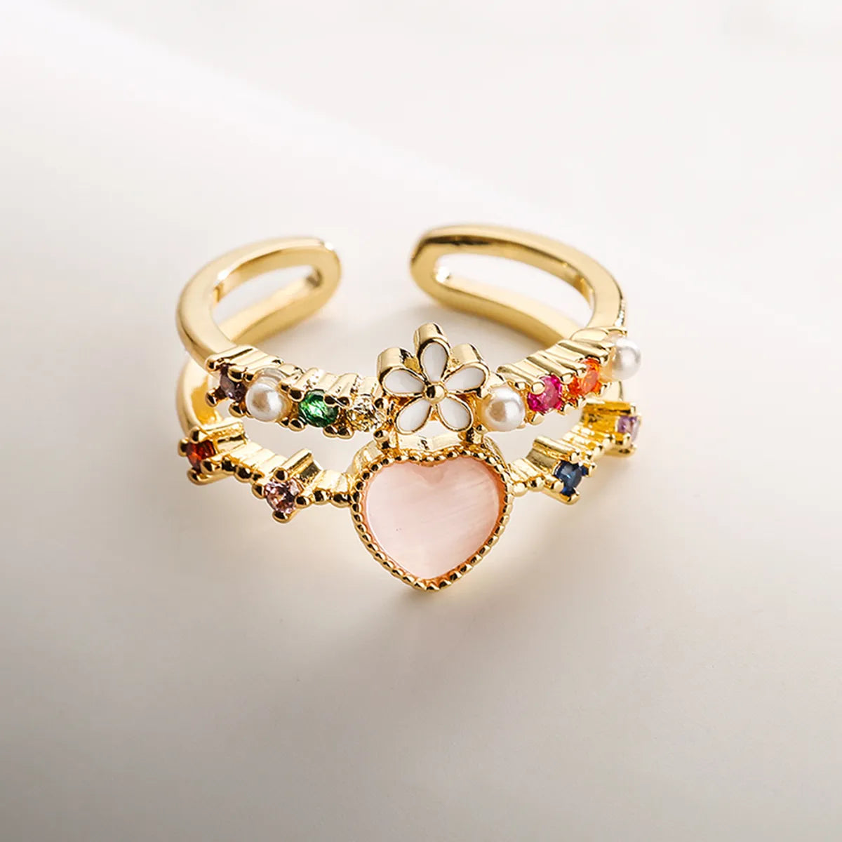 Fashion Heart Shape Flower Copper Inlay Zircon Open Ring 1 Piece