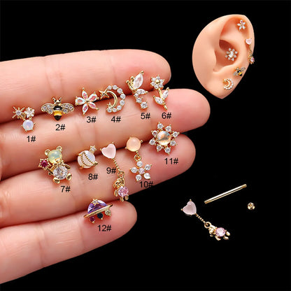 Fashion Heart Shape Flower Metal Plating Rhinestone Ear Studs