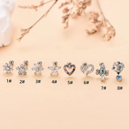 Fashion Heart Shape Flower Stainless Steel Copper Plating Inlay Zircon Ear Studs 1 Piece