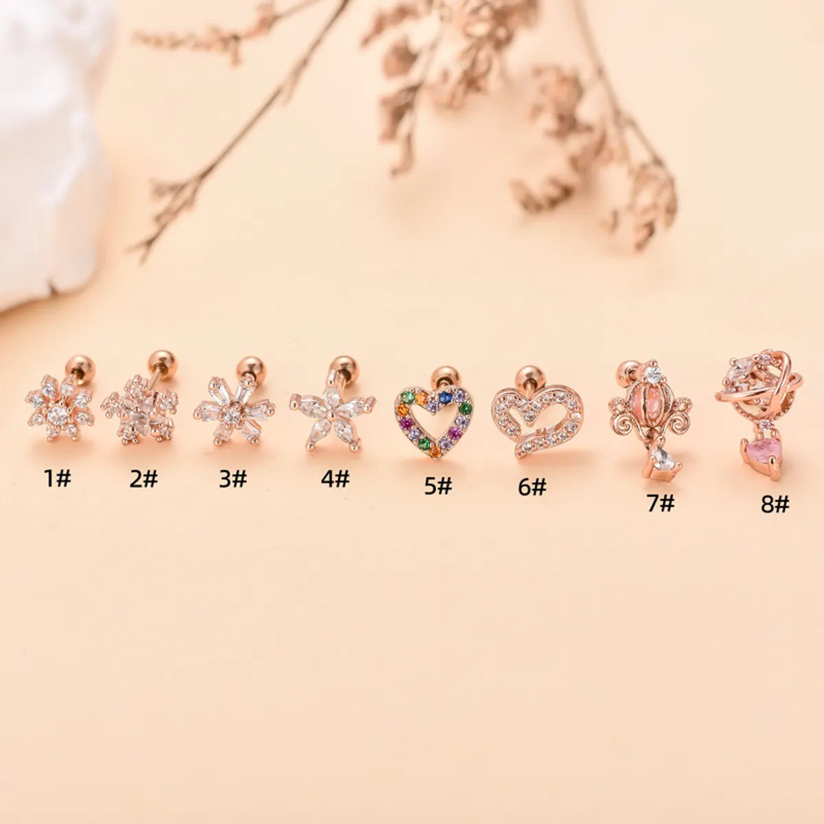 Fashion Heart Shape Flower Stainless Steel Copper Plating Inlay Zircon Ear Studs 1 Piece