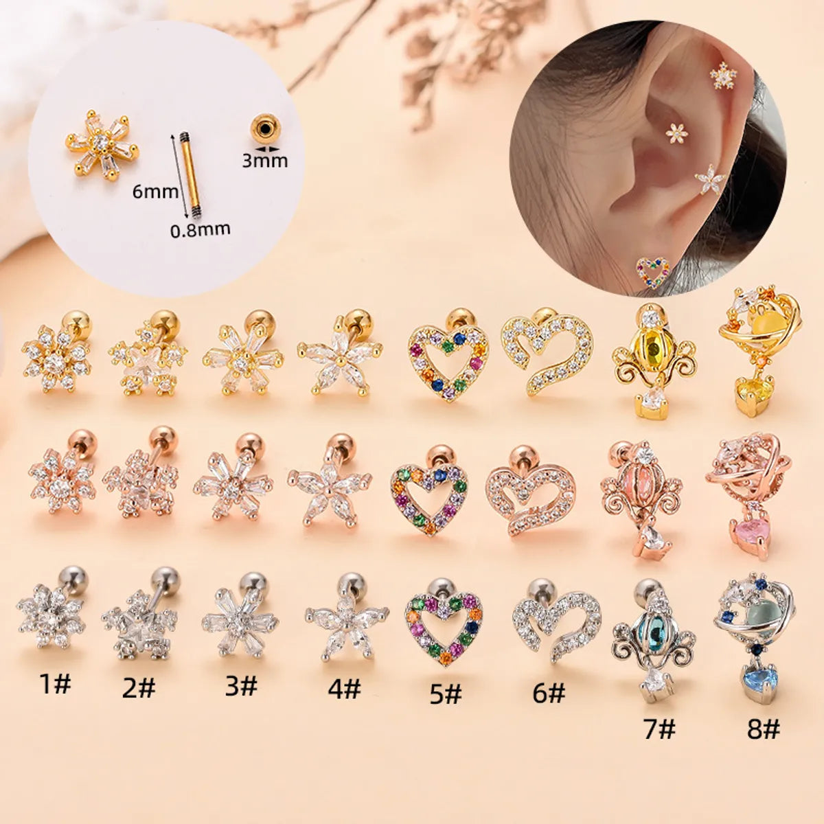 Fashion Heart Shape Flower Stainless Steel Copper Plating Inlay Zircon Ear Studs 1 Piece