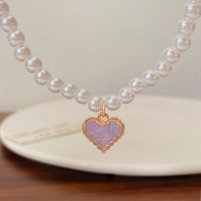 Fashion Heart Shape Imitation Pearl Enamel Pendant Necklace