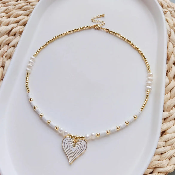 Fashion Heart Shape Natural Freshwater Pearl Soft Clay Beaded Women'S Pendant Necklace