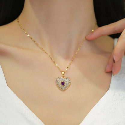 Fashion Heart Shape Titanium Steel Copper Inlay Zircon Pendant Necklace