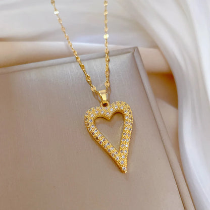 Fashion Heart Shape Stainless Steel Copper Plating Artificial Diamond Pendant Necklace