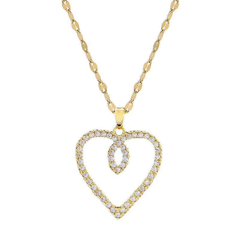 Fashion Heart Shape Stainless Steel Copper Plating Inlay Rhinestones Pendant Necklace