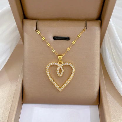 Fashion Heart Shape Stainless Steel Copper Plating Inlay Rhinestones Pendant Necklace