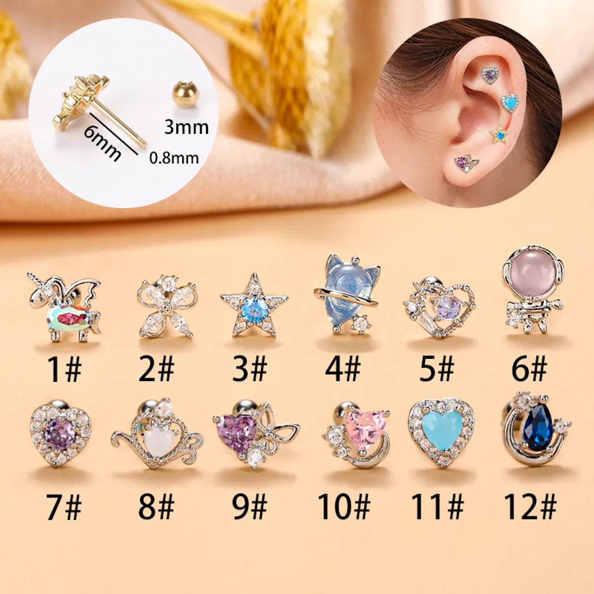 Fashion Heart Shape Stainless Steel Copper Plating Inlay Zircon Ear Studs 1 Piece