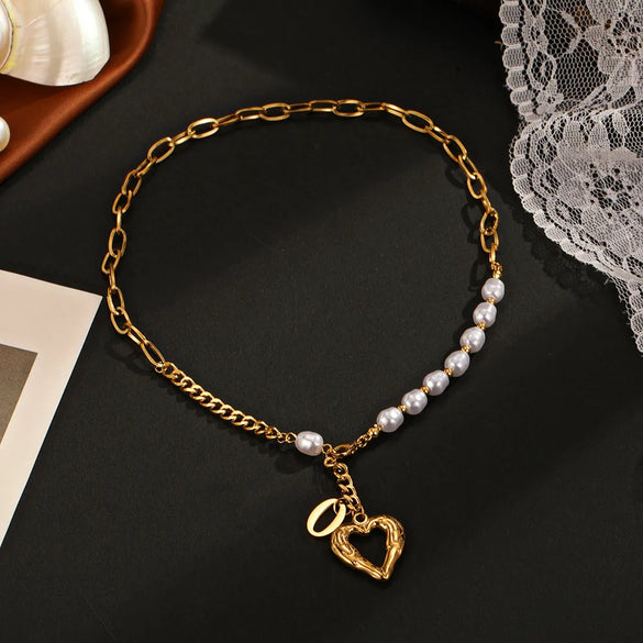 Fashion Heart Shape Stainless Steel Inlay Artificial Pearls Necklace