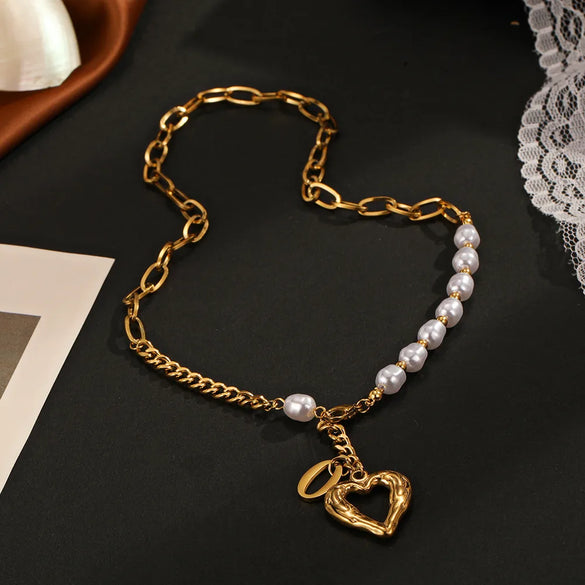 Fashion Heart Shape Stainless Steel Inlay Artificial Pearls Necklace