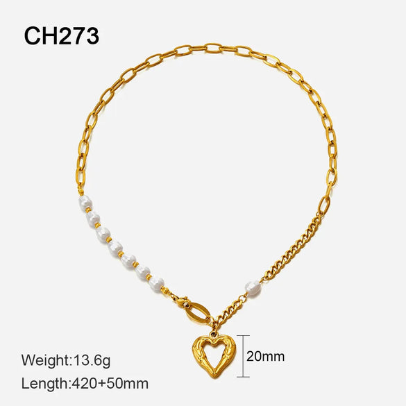 Fashion Heart Shape Stainless Steel Inlay Artificial Pearls Necklace