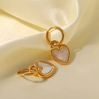 Fashion Heart Shape Stainless Steel Inlay Shell Drop Earrings 1 Pair