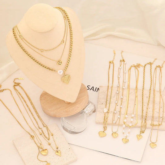 Fashion Heart Shape Stainless Steel Layered Necklaces Gold Plated Pearl Stainless Steel Necklaces 1 Piece