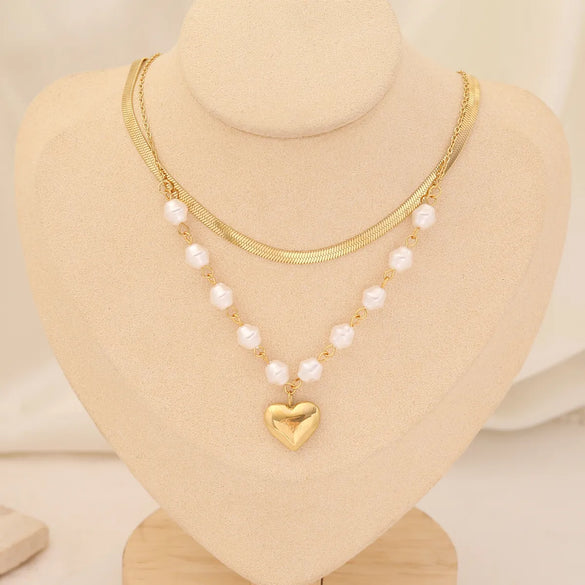 Fashion Heart Shape Stainless Steel Layered Necklaces Gold Plated Pearl Stainless Steel Necklaces 1 Piece