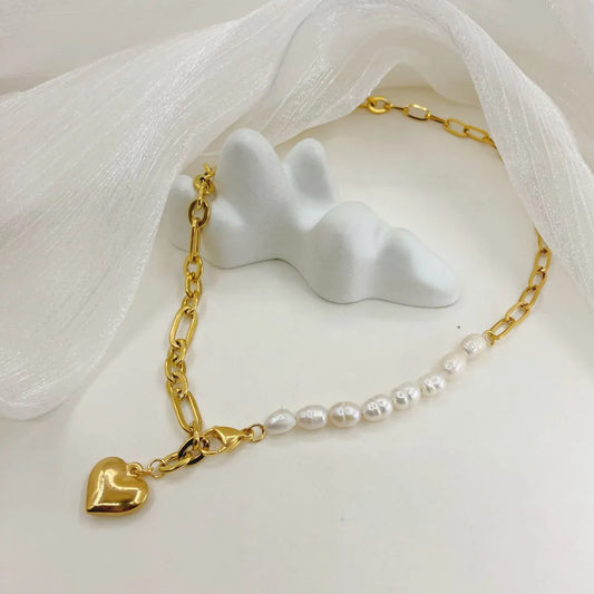 Fashion Heart Shape Stainless Steel Pearl Plating 14k Gold Plated Pendant Necklace