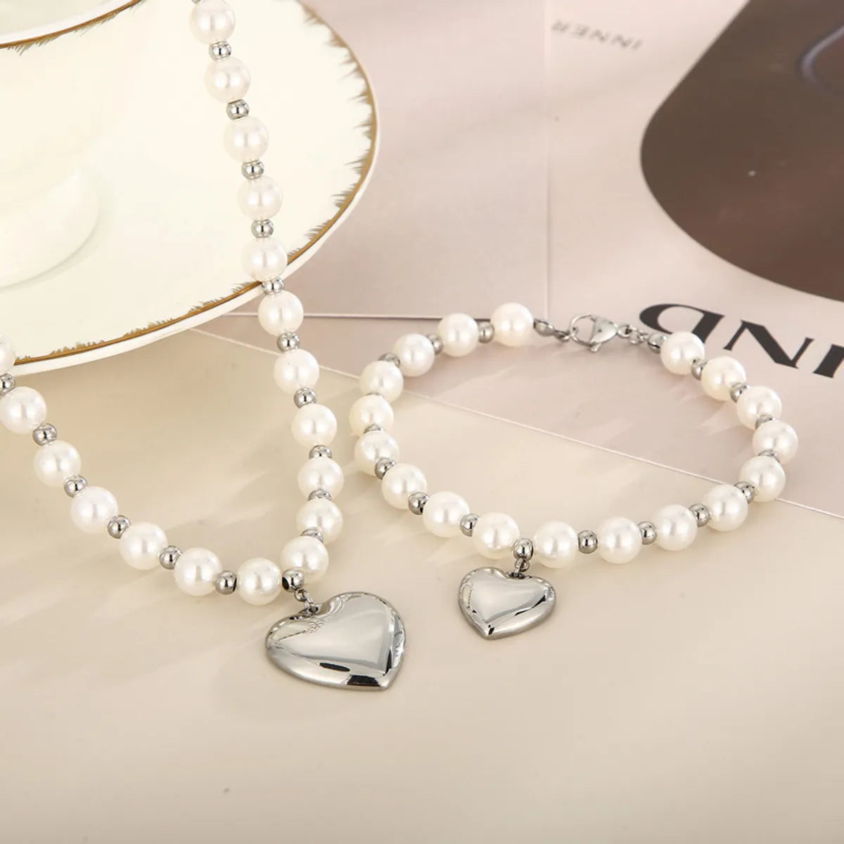 Fashion Heart Shape Titanium Steel Beaded Pearl Plating Bracelets Necklace