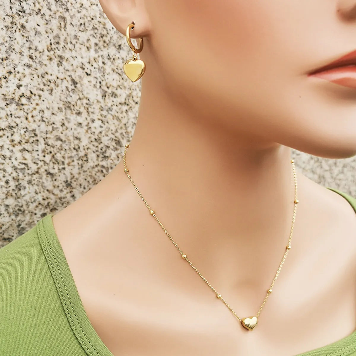 Fashion Heart Shape Titanium Steel Gold Plated Earrings Necklace