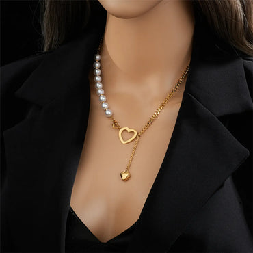 Fashion Heart Shape Titanium Steel Pearl Pendant Necklace 1 Piece