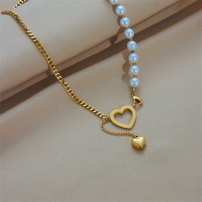 Fashion Heart Shape Titanium Steel Pearl Pendant Necklace 1 Piece