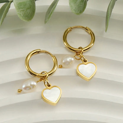 Fashion Heart Shape Titanium Steel Pearl Plating Drop Earrings 1 Pair