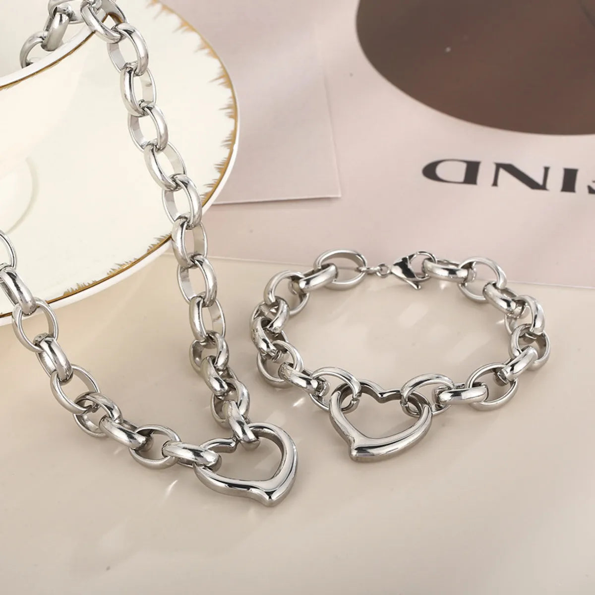 Fashion Heart Shape Titanium Steel Plating Hollow Out Bracelets Earrings Necklace