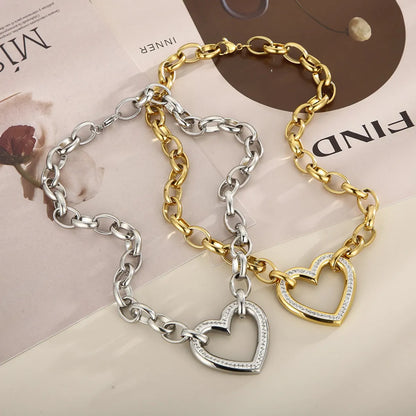 Fashion Heart Shape Titanium Steel Plating Hollow Out Inlay Zircon Bracelets Necklace