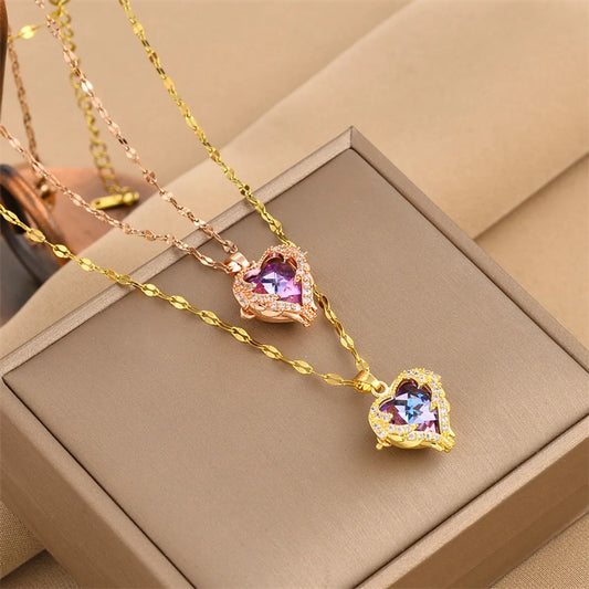 Fashion Heart Shape Titanium Steel Plating Inlay Rhinestones Pendant Necklace 1 Piece