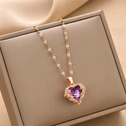 Fashion Heart Shape Titanium Steel Plating Inlay Rhinestones Pendant Necklace 1 Piece