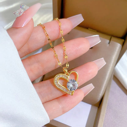 Fashion Heart Shape Titanium Steel Copper Plating Inlay Zircon Pendant Necklace