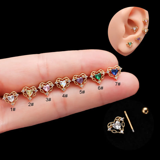 Fashion Heart Shape Titanium Steel Plating Zircon Ear Studs 1 Piece