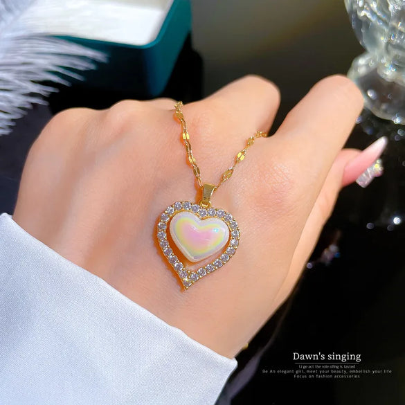 Fashion Heart Shape Titanium Steel Copper Plating Zircon Gold Plated Pendant Necklace