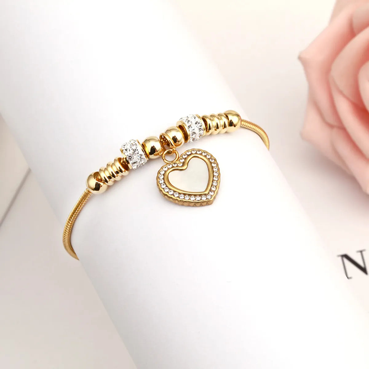 Fashion Heart Shape Titanium Steel Polishing Zircon Bracelets 1 Piece