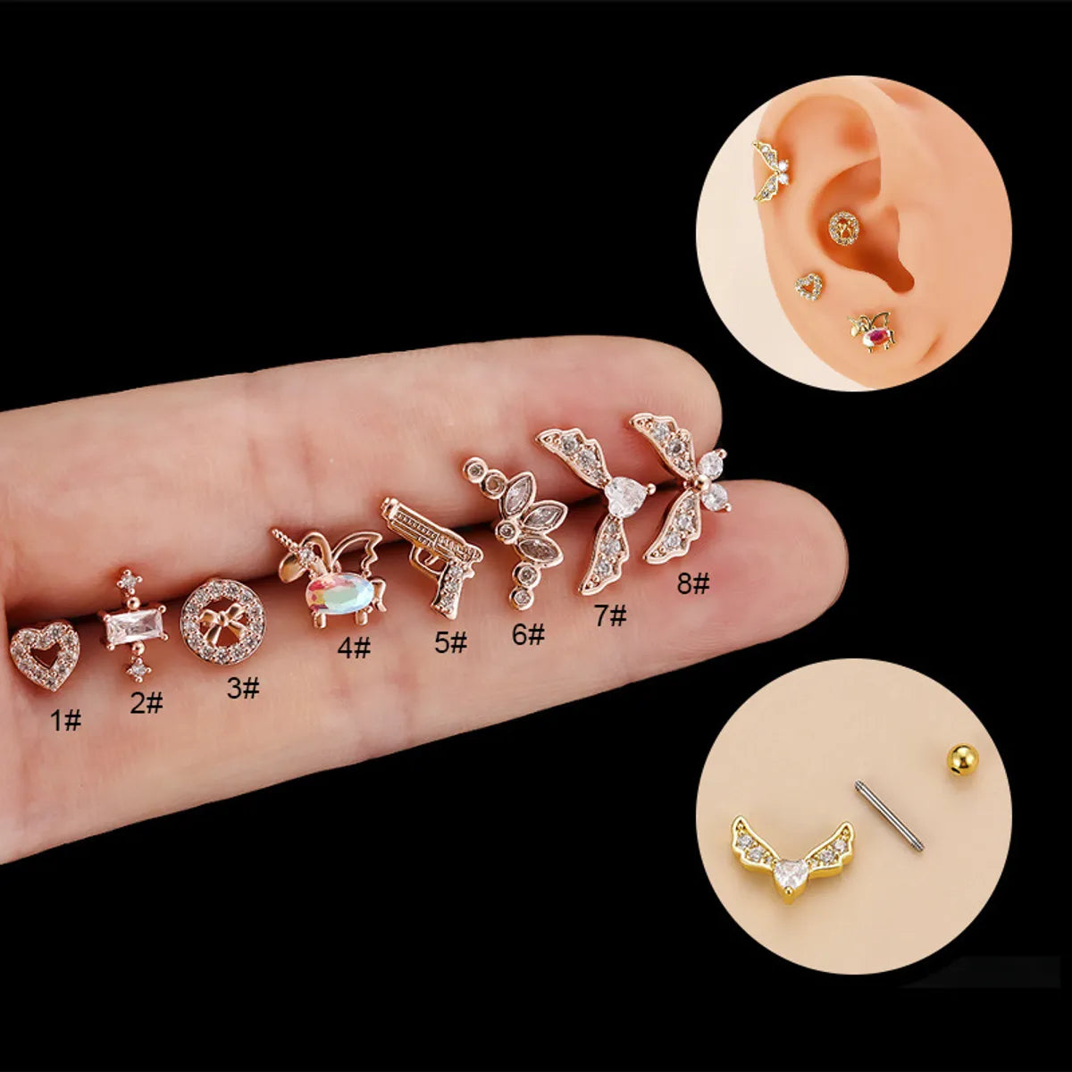 Fashion Heart Shape Unicorn Copper Plating Zircon Ear Studs 1 Piece